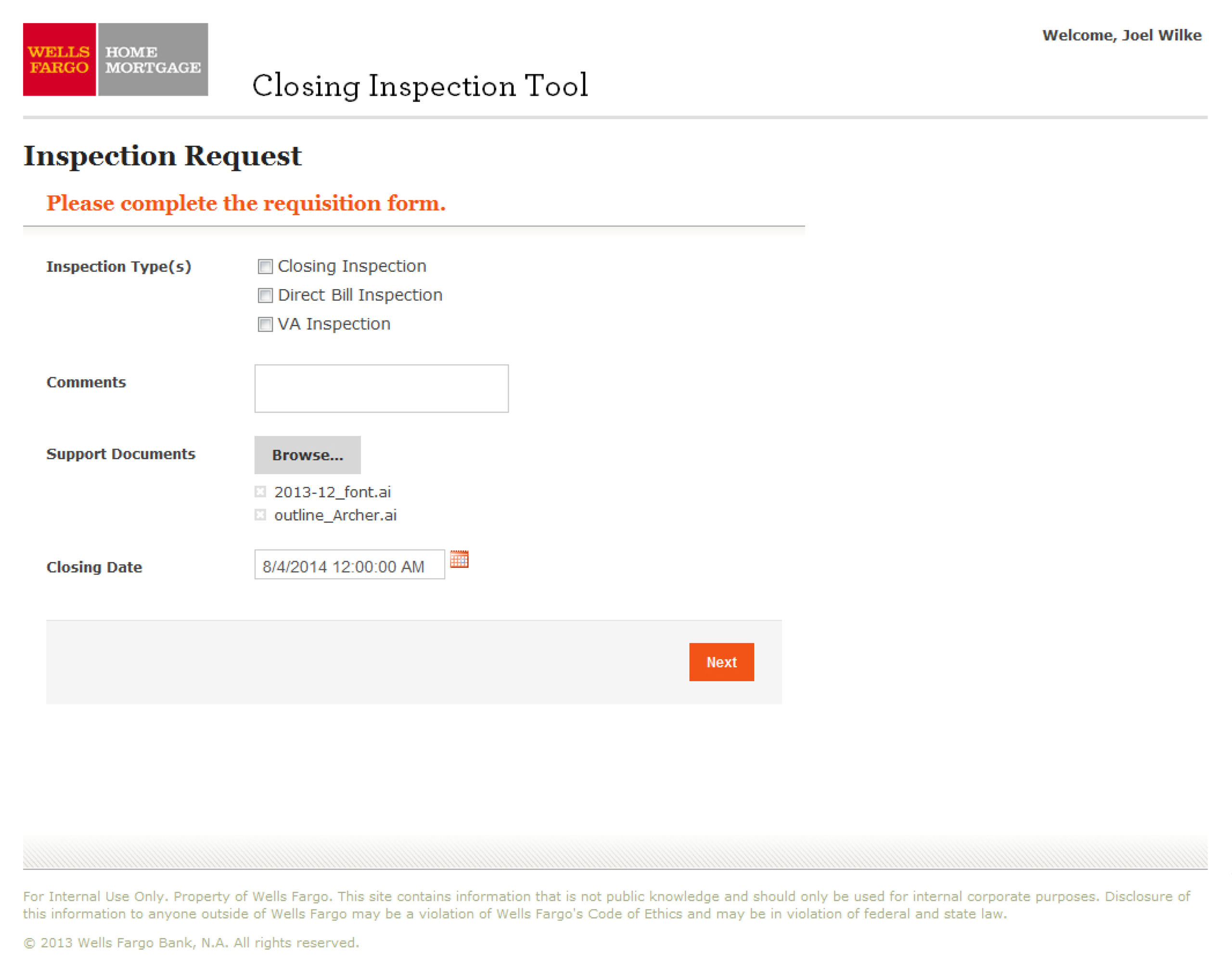 Closing Inspection Tool-Inspection Request screen