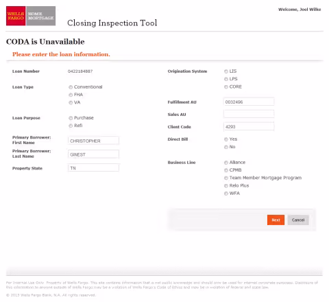 Closing Inspection Tool-CODA Unavailable form screen