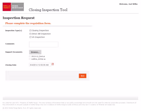 Closing Inspection Tool-Inspection Request screen