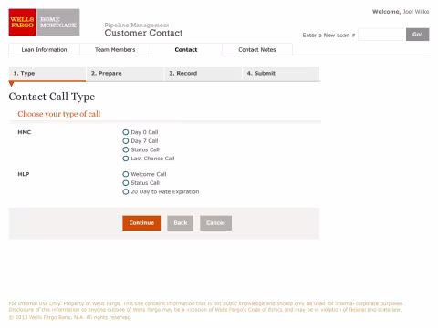 Customer Contact Tool - Contact Call Type screen