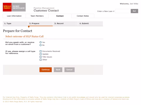Customer Contact Tool - Prepare for Contact screen